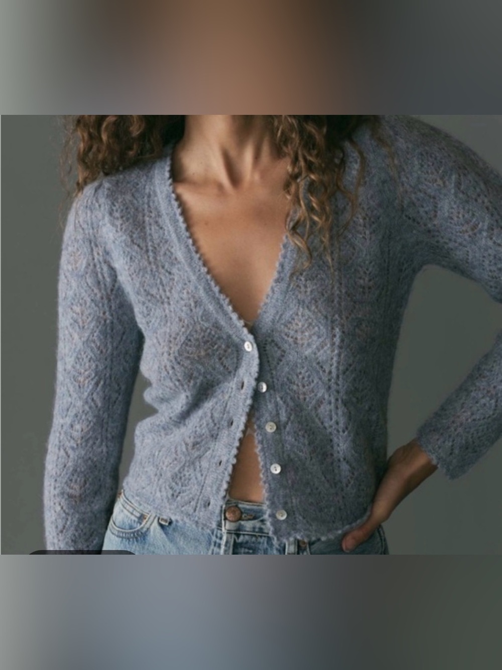 Doen alpaca Powder Blue Lace-Pattern V-Neck Cardigan